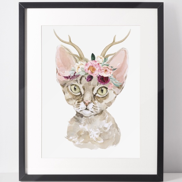 Watercolor Floral Devon Rex Cat Wall Art Illustration Print Poster Card Unframed - Picture 2 of 7